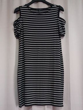 WHBM Striped Cold Shoulder Jersey Knit Shift Mini Dress Black White Size M